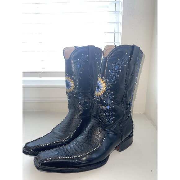 JUGO‎ Hand Embroidered Studded Men\'s Black Leather Cowboy Boots Size 9 main image 4
